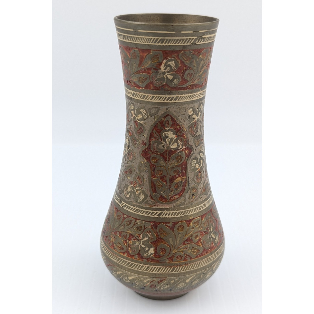 Brass Vase Enameled Floral Ornate Etched Vintage 5" Tall Marked 1923 India